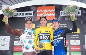 Chris Froome, Romain Bardet i Daniel Martin na podium Criterium du Dauphine 2016