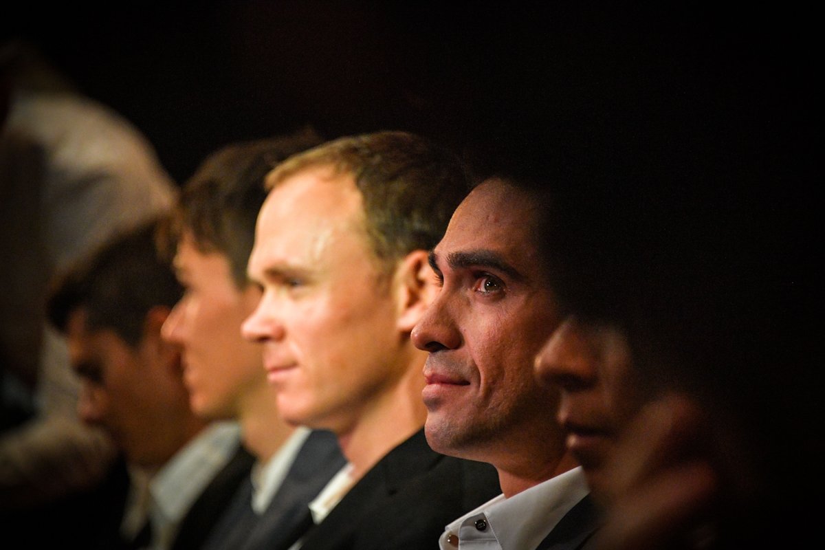 Frome i Contador na widowni podczas prezentacji TdF 2018