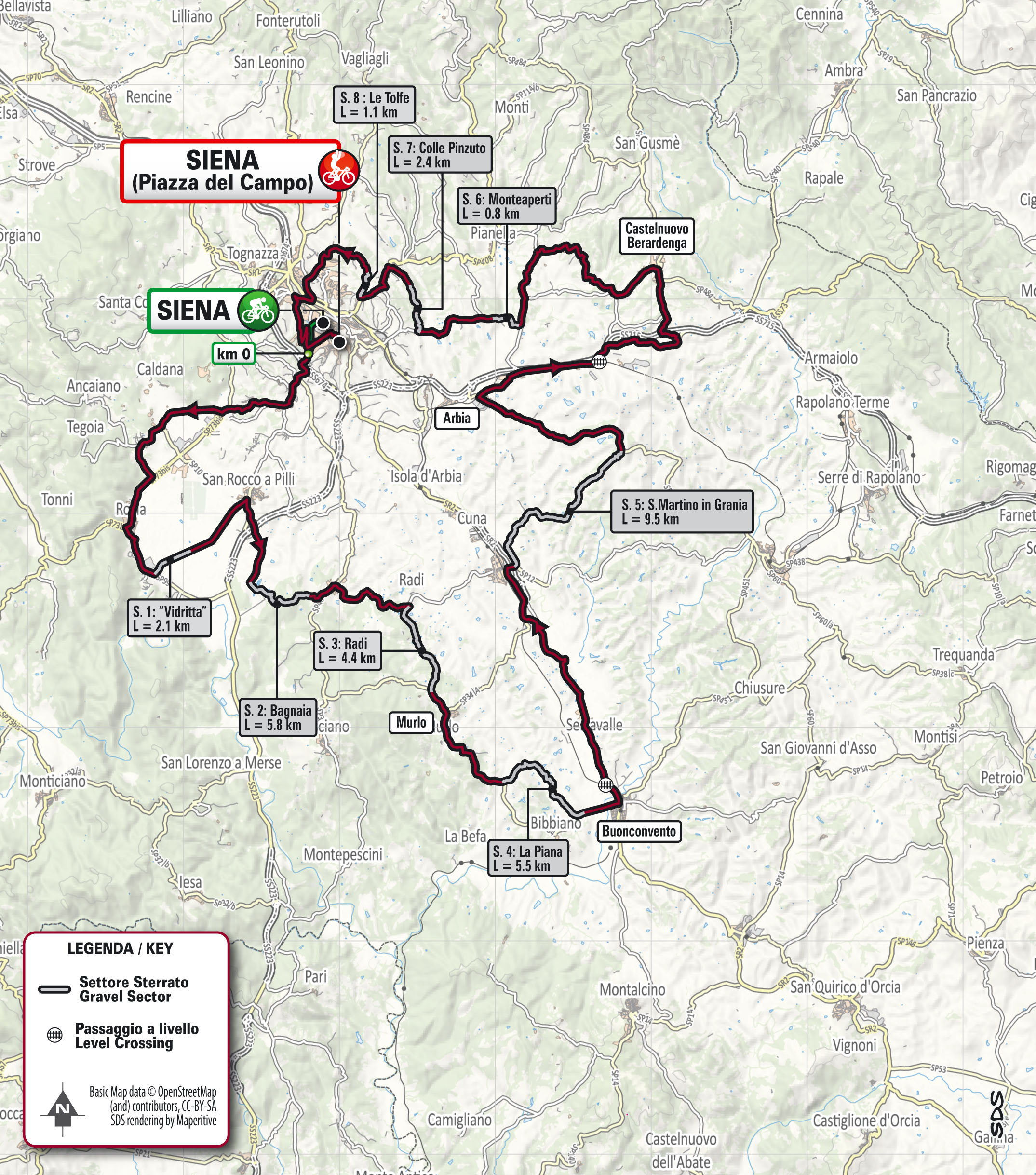Mapa przeiegu trasy Strade Bianche 2022 kobiet
